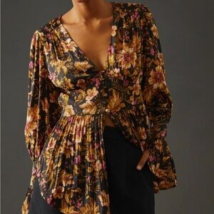 Anthropologie Black and Pink Floral Top